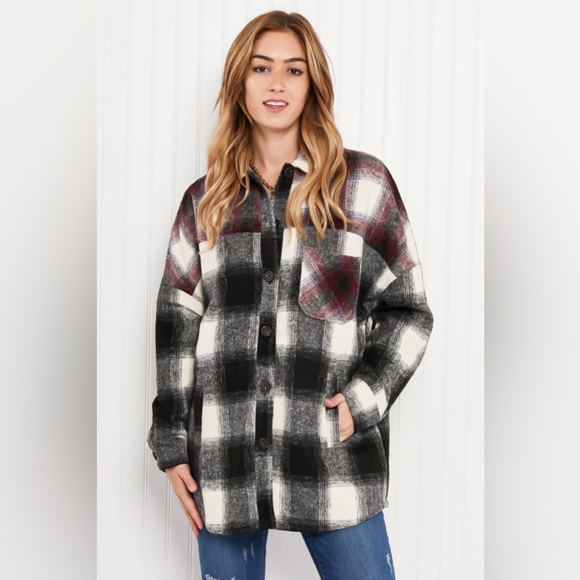 Colors of Autumn Full Size Plaid Shacket in Black/Burgundy - Picture 1 of 10